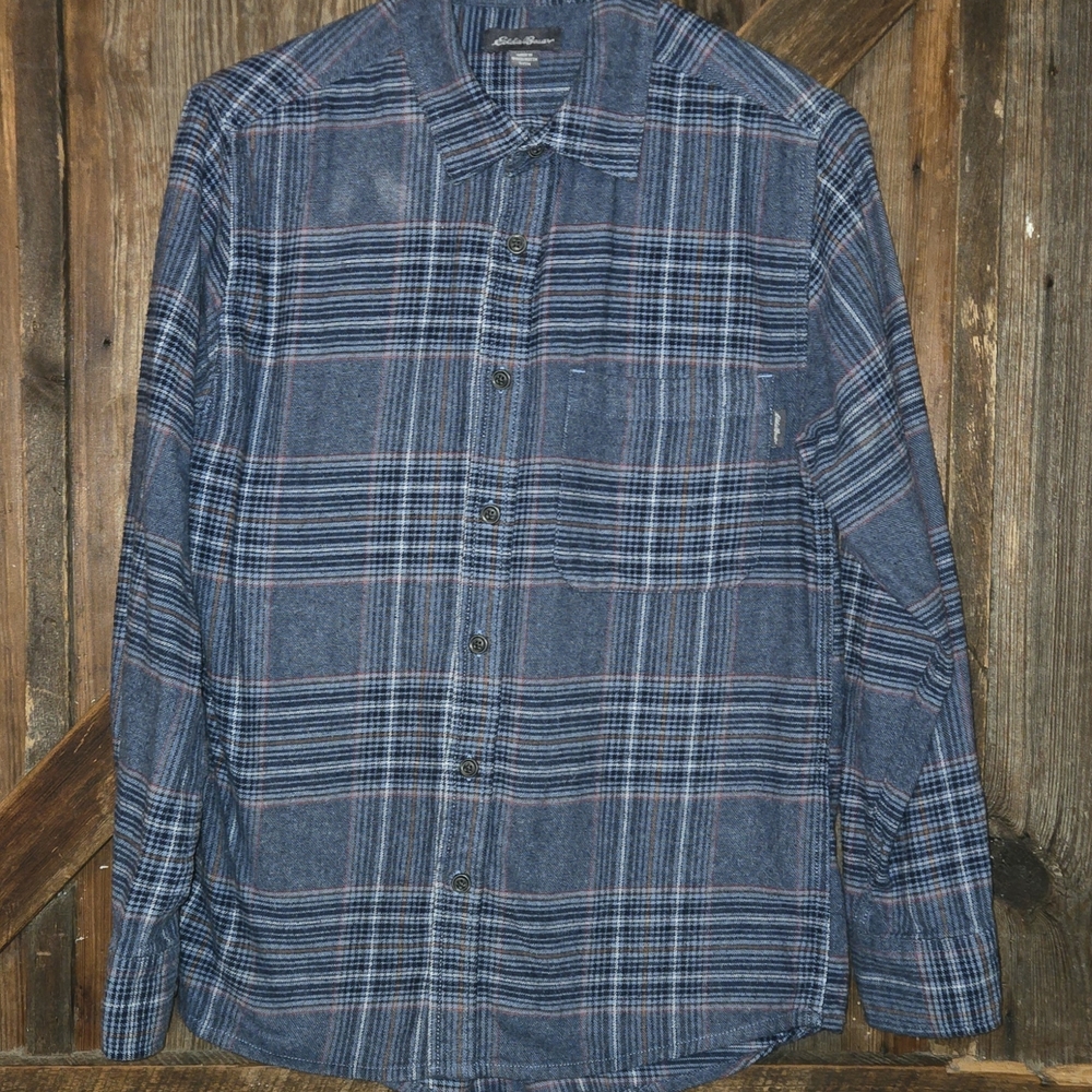 Eddie Bauer Navy and White Plaid Button Down Shirt